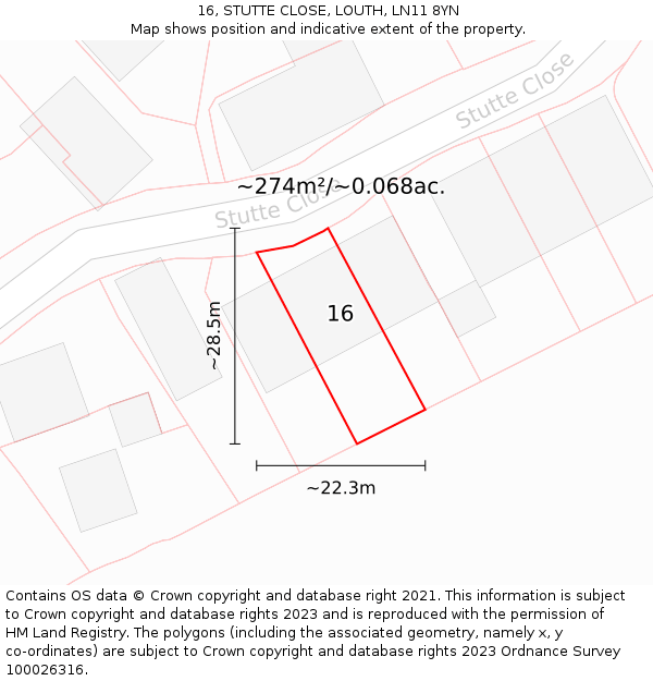 16, STUTTE CLOSE, LOUTH, LN11 8YN: Plot and title map