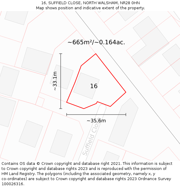 16, SUFFIELD CLOSE, NORTH WALSHAM, NR28 0HN: Plot and title map