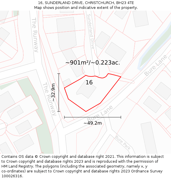 16, SUNDERLAND DRIVE, CHRISTCHURCH, BH23 4TE: Plot and title map