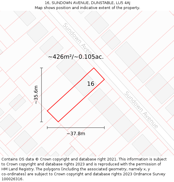 16, SUNDOWN AVENUE, DUNSTABLE, LU5 4AJ: Plot and title map