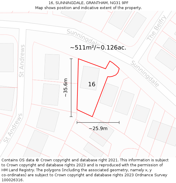 16, SUNNINGDALE, GRANTHAM, NG31 9PF: Plot and title map