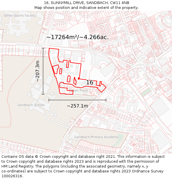 16, SUNNYMILL DRIVE, SANDBACH, CW11 4NB: Plot and title map