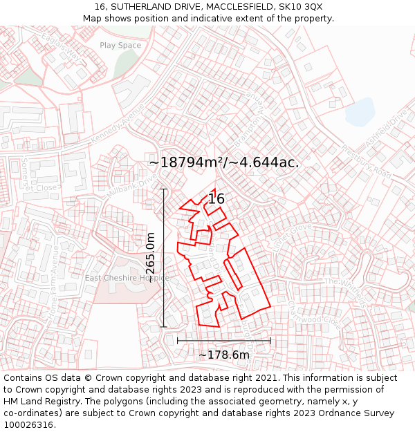 16, SUTHERLAND DRIVE, MACCLESFIELD, SK10 3QX: Plot and title map