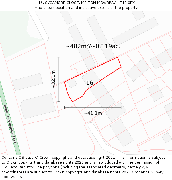 16, SYCAMORE CLOSE, MELTON MOWBRAY, LE13 0PX: Plot and title map