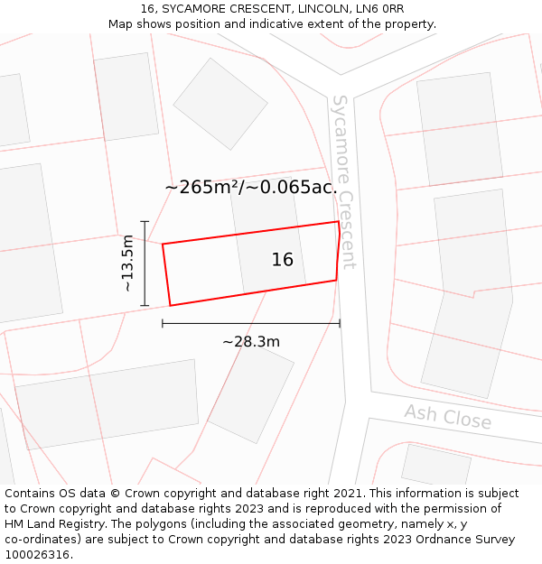 16, SYCAMORE CRESCENT, LINCOLN, LN6 0RR: Plot and title map