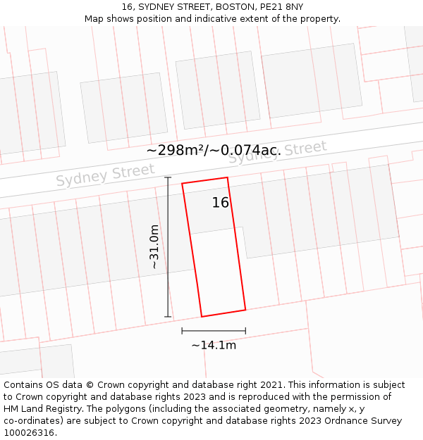 16, SYDNEY STREET, BOSTON, PE21 8NY: Plot and title map
