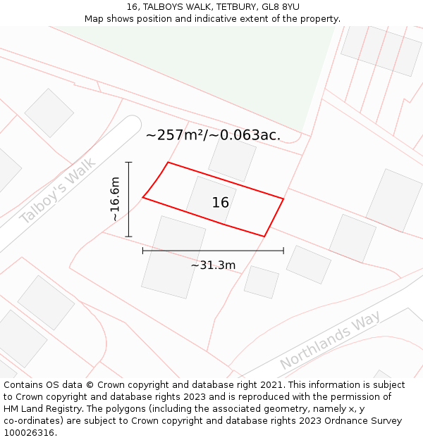 16, TALBOYS WALK, TETBURY, GL8 8YU: Plot and title map