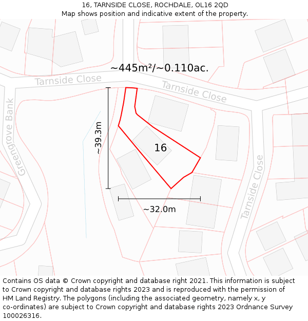 16, TARNSIDE CLOSE, ROCHDALE, OL16 2QD: Plot and title map