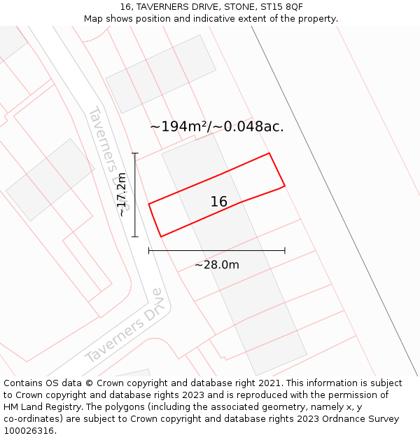 16, TAVERNERS DRIVE, STONE, ST15 8QF: Plot and title map