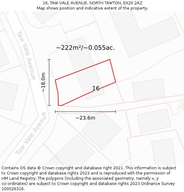 16, TAW VALE AVENUE, NORTH TAWTON, EX20 2AZ: Plot and title map