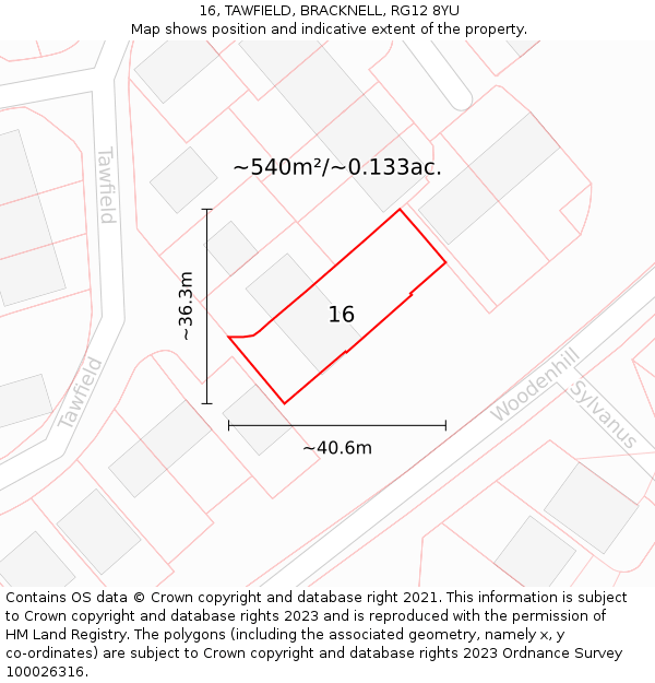16, TAWFIELD, BRACKNELL, RG12 8YU: Plot and title map