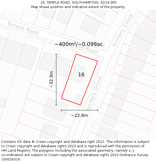 16, TEMPLE ROAD, SOUTHAMPTON, SO19 9FE: Plot and title map
