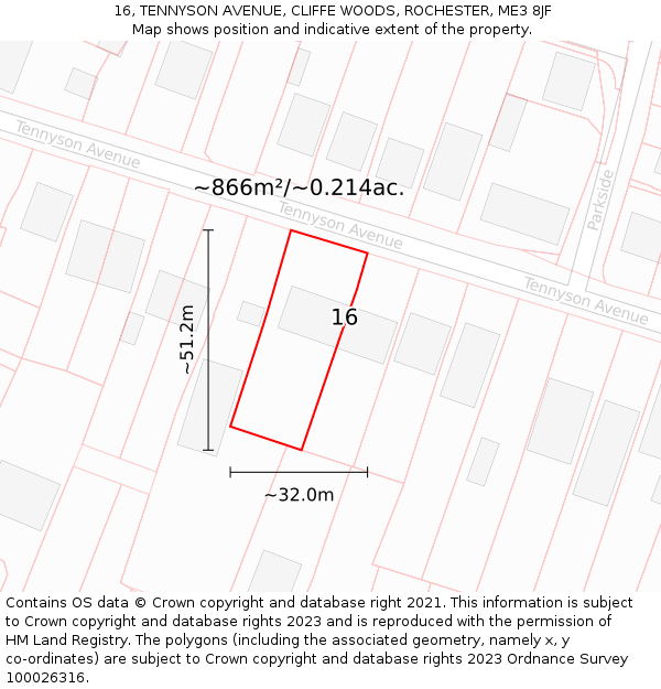 16, TENNYSON AVENUE, CLIFFE WOODS, ROCHESTER, ME3 8JF: Plot and title map