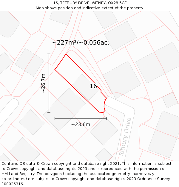 16, TETBURY DRIVE, WITNEY, OX28 5GF: Plot and title map