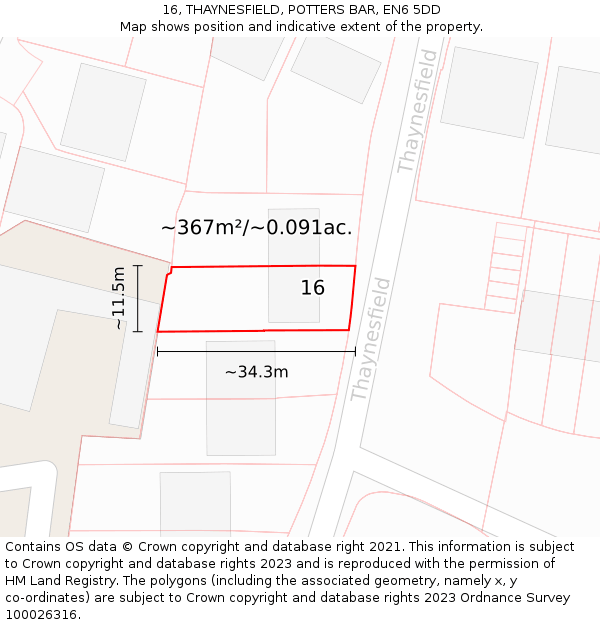 16, THAYNESFIELD, POTTERS BAR, EN6 5DD: Plot and title map