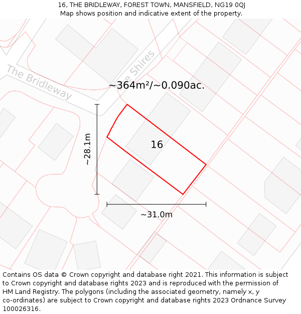 16, THE BRIDLEWAY, FOREST TOWN, MANSFIELD, NG19 0QJ: Plot and title map