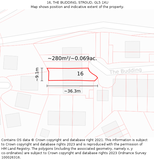 16, THE BUDDING, STROUD, GL5 1XU: Plot and title map