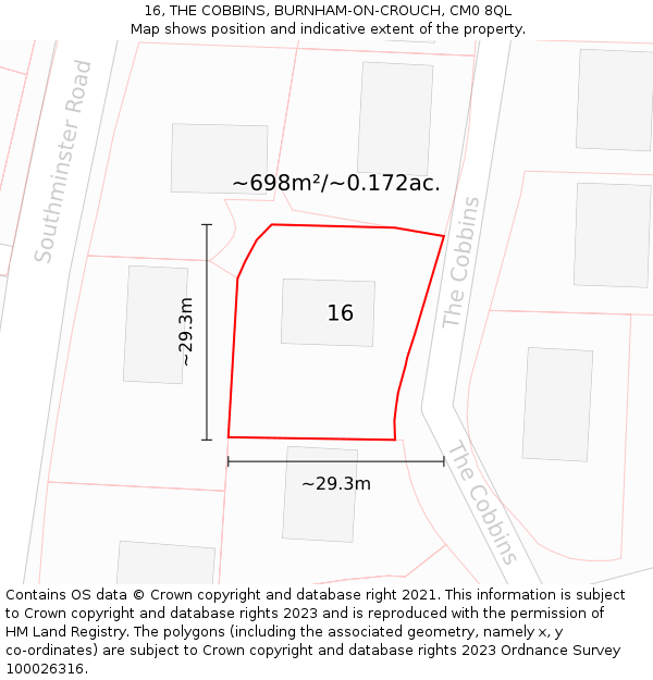 16, THE COBBINS, BURNHAM-ON-CROUCH, CM0 8QL: Plot and title map