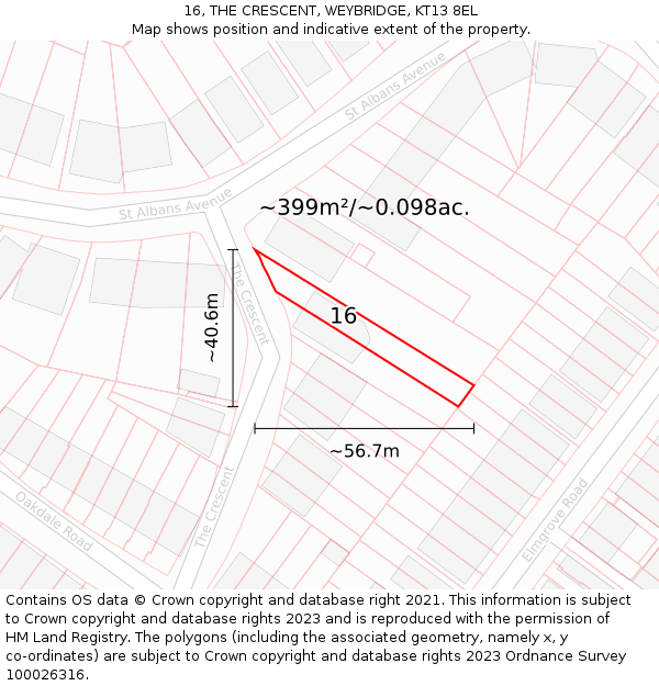 16, THE CRESCENT, WEYBRIDGE, KT13 8EL: Plot and title map