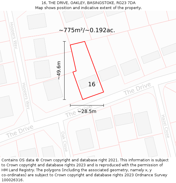 16, THE DRIVE, OAKLEY, BASINGSTOKE, RG23 7DA: Plot and title map