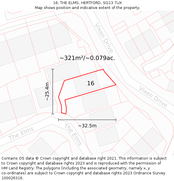 16, THE ELMS, HERTFORD, SG13 7UX: Plot and title map