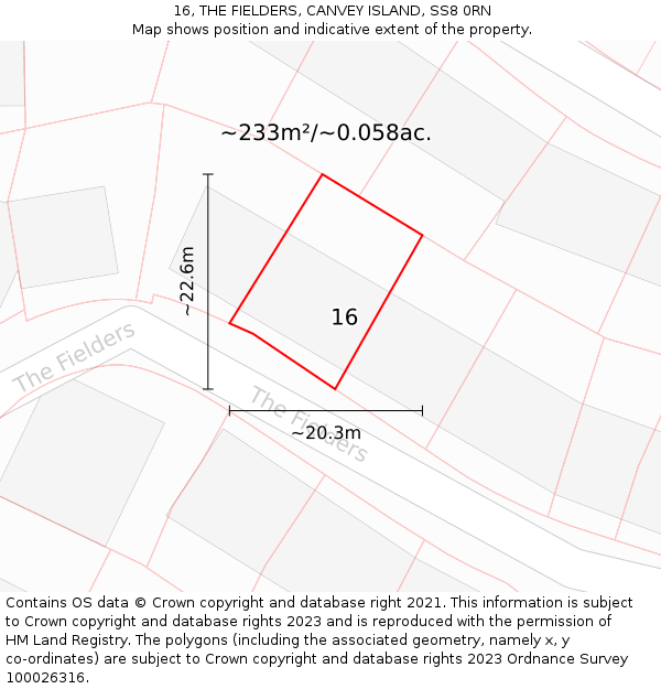 16, THE FIELDERS, CANVEY ISLAND, SS8 0RN: Plot and title map