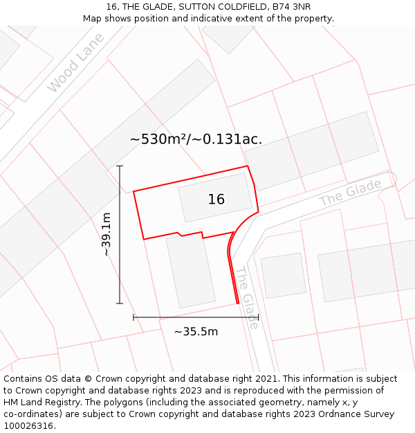 16, THE GLADE, SUTTON COLDFIELD, B74 3NR: Plot and title map