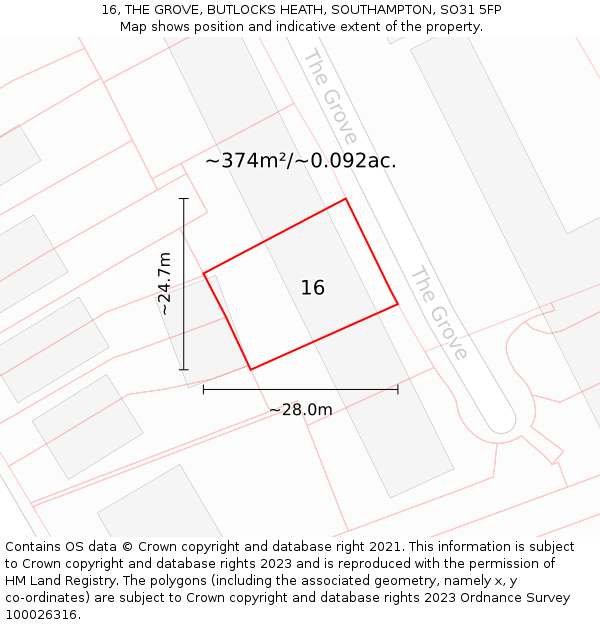 16, THE GROVE, BUTLOCKS HEATH, SOUTHAMPTON, SO31 5FP: Plot and title map