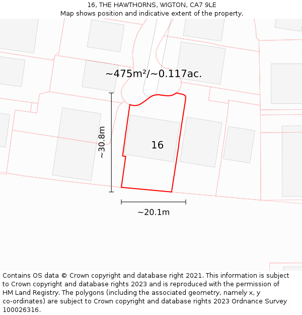 16, THE HAWTHORNS, WIGTON, CA7 9LE: Plot and title map