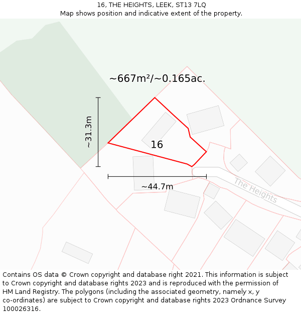 16, THE HEIGHTS, LEEK, ST13 7LQ: Plot and title map