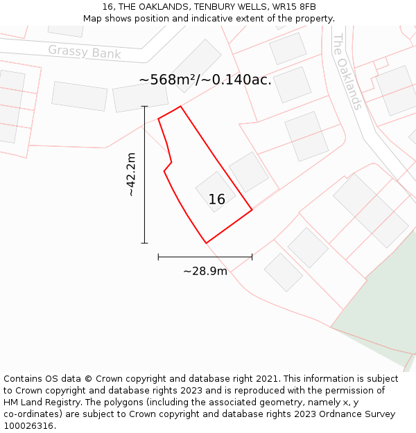 16, THE OAKLANDS, TENBURY WELLS, WR15 8FB: Plot and title map