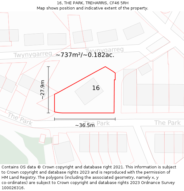 16, THE PARK, TREHARRIS, CF46 5RH: Plot and title map