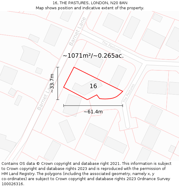 16, THE PASTURES, LONDON, N20 8AN: Plot and title map