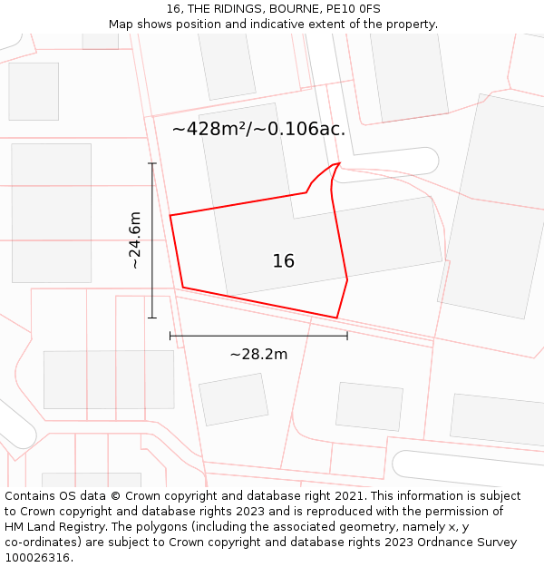 16, THE RIDINGS, BOURNE, PE10 0FS: Plot and title map