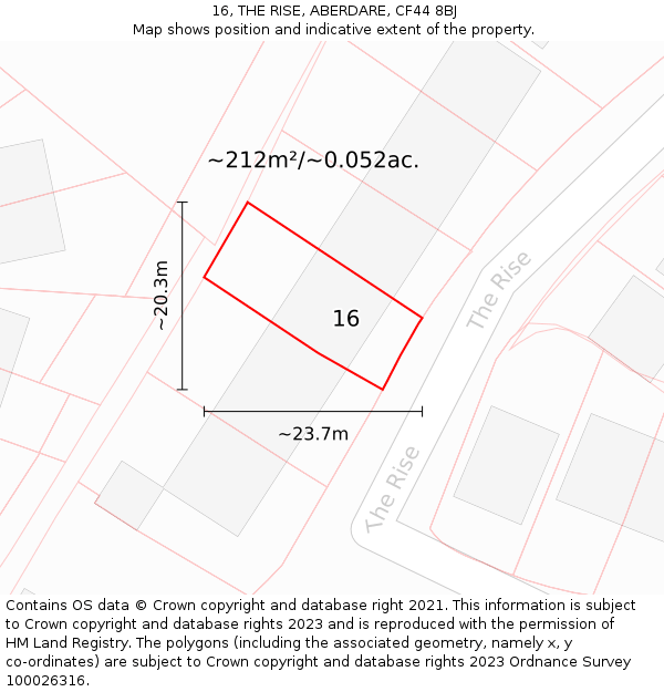 16, THE RISE, ABERDARE, CF44 8BJ: Plot and title map