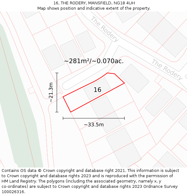 16, THE RODERY, MANSFIELD, NG18 4UH: Plot and title map