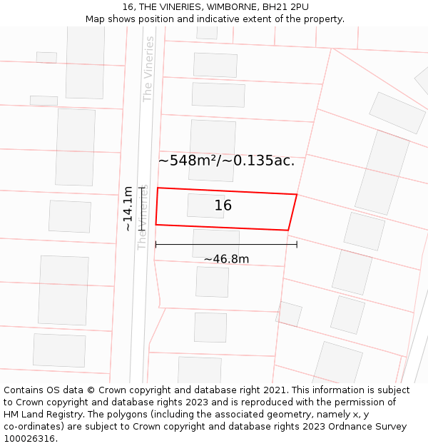16, THE VINERIES, WIMBORNE, BH21 2PU: Plot and title map
