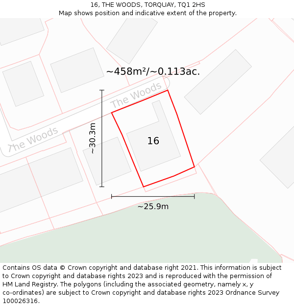 16, THE WOODS, TORQUAY, TQ1 2HS: Plot and title map