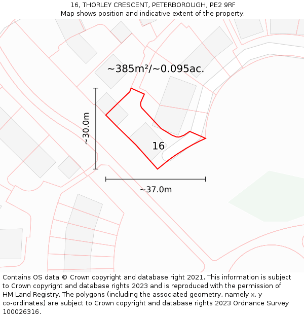 16, THORLEY CRESCENT, PETERBOROUGH, PE2 9RF: Plot and title map