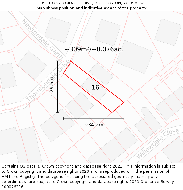 16, THORNTONDALE DRIVE, BRIDLINGTON, YO16 6GW: Plot and title map