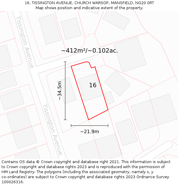 16, TISSINGTON AVENUE, CHURCH WARSOP, MANSFIELD, NG20 0RT: Plot and title map