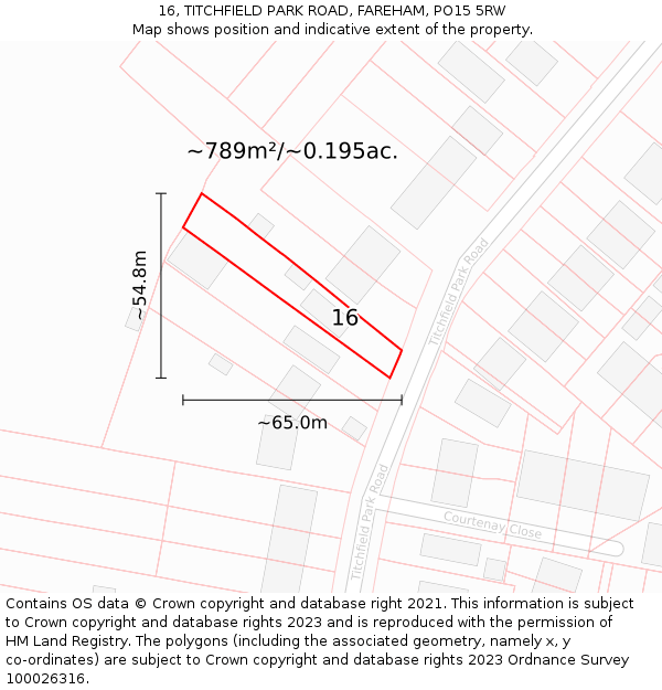 16, TITCHFIELD PARK ROAD, FAREHAM, PO15 5RW: Plot and title map