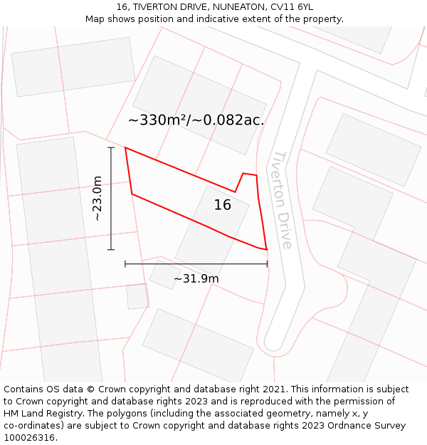 16, TIVERTON DRIVE, NUNEATON, CV11 6YL: Plot and title map