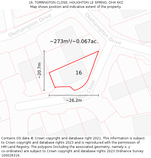 16, TORRINGTON CLOSE, HOUGHTON LE SPRING, DH4 4XZ: Plot and title map