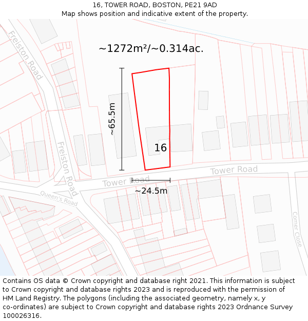 16, TOWER ROAD, BOSTON, PE21 9AD: Plot and title map
