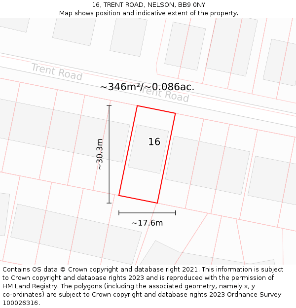 16, TRENT ROAD, NELSON, BB9 0NY: Plot and title map