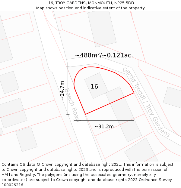 16, TROY GARDENS, MONMOUTH, NP25 5DB: Plot and title map