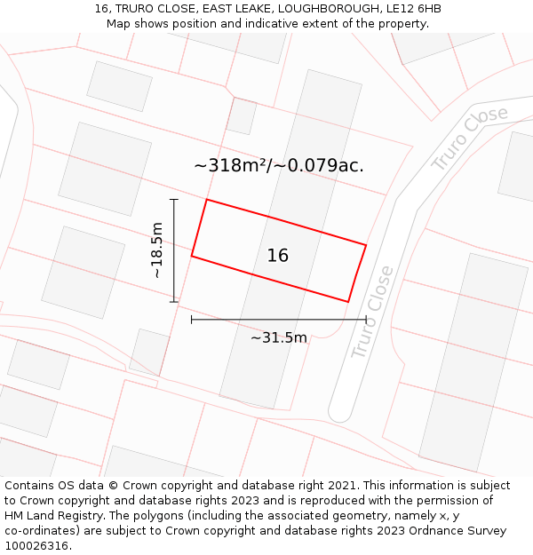 16, TRURO CLOSE, EAST LEAKE, LOUGHBOROUGH, LE12 6HB: Plot and title map