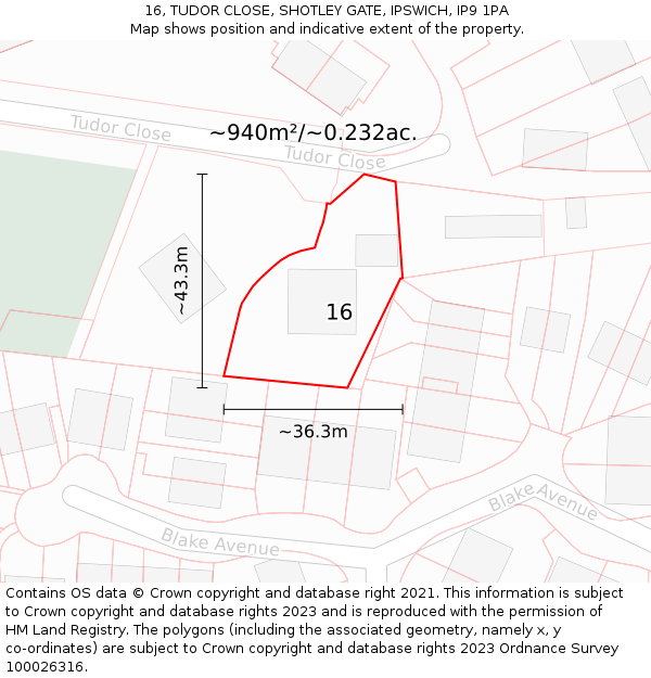 16, TUDOR CLOSE, SHOTLEY GATE, IPSWICH, IP9 1PA: Plot and title map