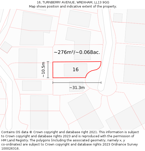 16, TURNBERRY AVENUE, WREXHAM, LL13 9GG: Plot and title map